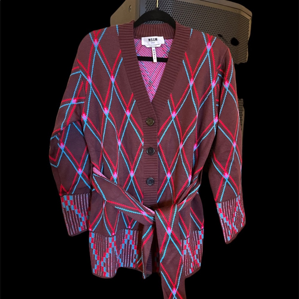 MSGM argyle cardigan sweater with removable tie UNISEX NWOT